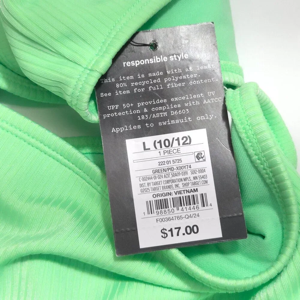 Art Class Girls One Piece Swimsuit Neon Green Cut Out Size L 10/12 New With Tags